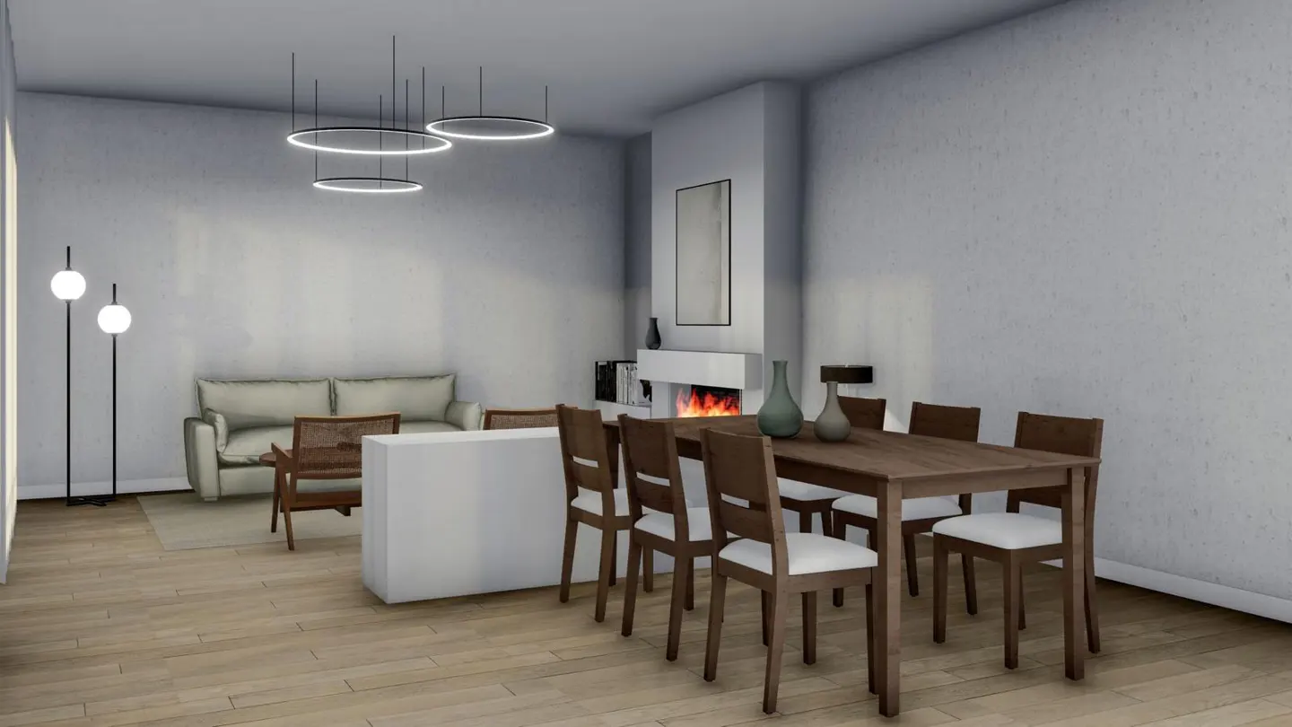 A modern living and dining area with a fireplace, wood floors, and a dining table with six chairs.