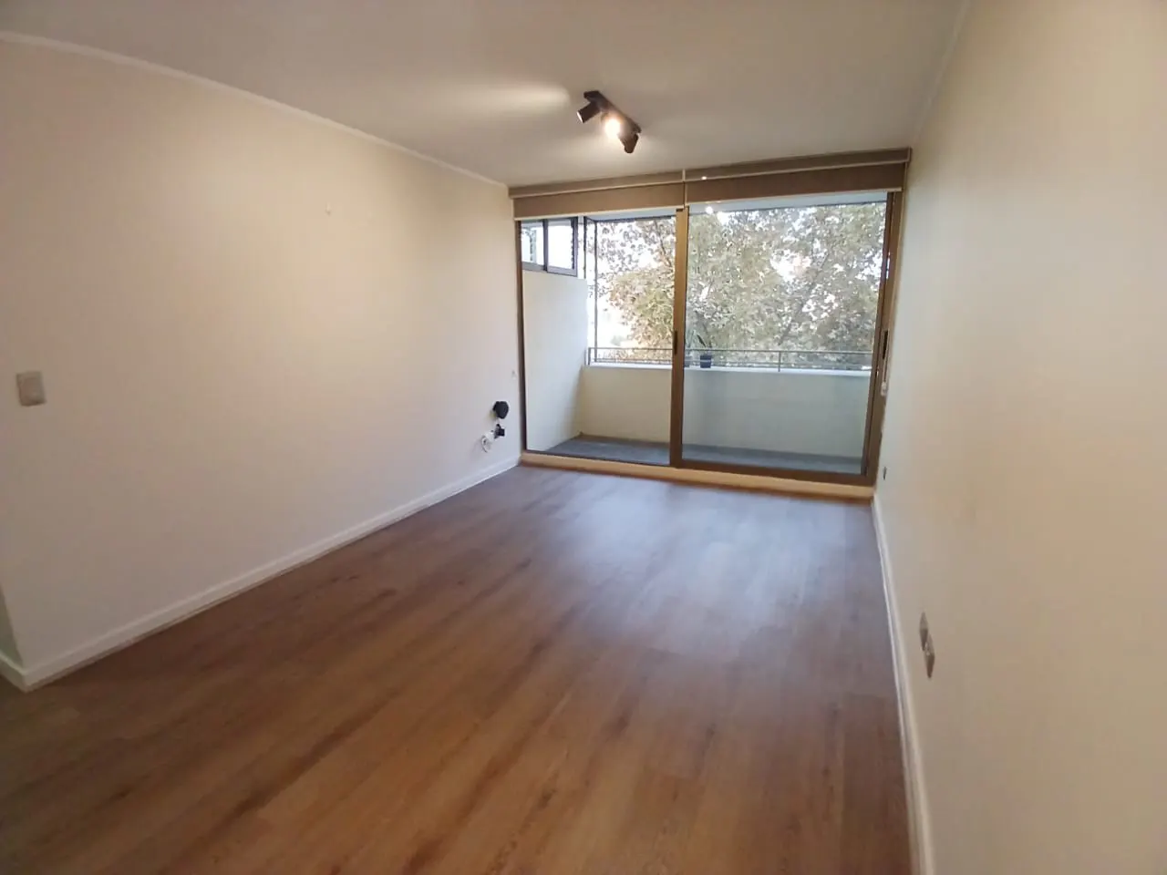 Empty room with light wood floors, white walls, and sliding glass doors to a balcony with trees visible.