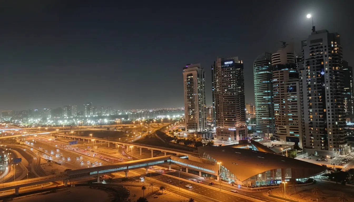 Night view of Dubai with illuminated skyscrapers, highways, and a modern metro station under a full moon.