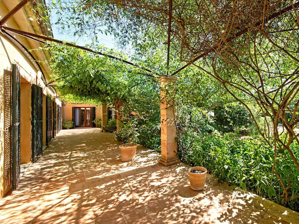 Covered walkway with lush greenery. Stone pillars support a vine-covered trellis, casting shadows on the terracotta-tiled floor. Shutters line the building.