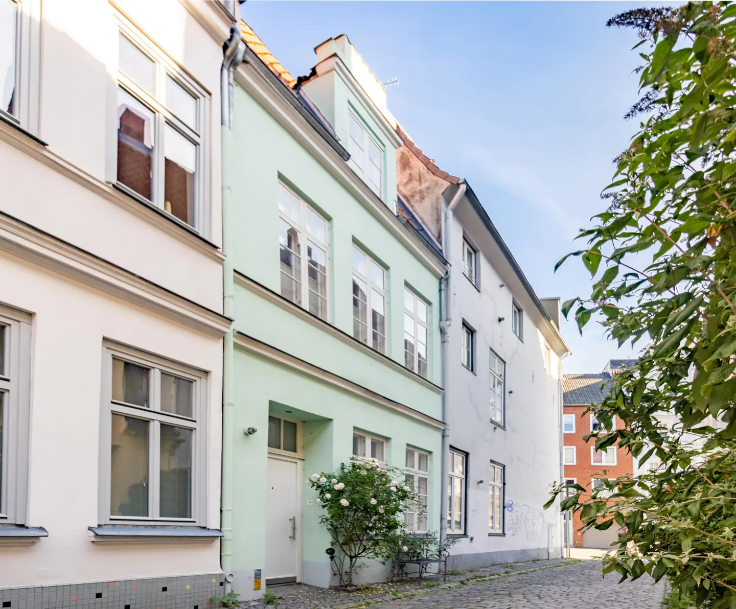 Row of colorful townhouses, including a light green one with a white door and rose bush, on a cobblestone street.