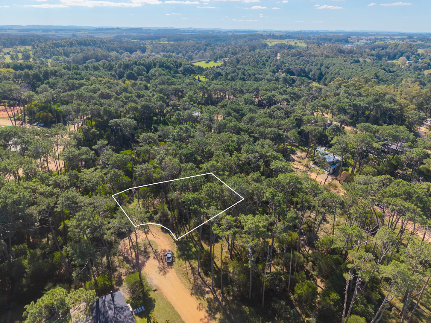 Aerial view of a wooded property outlined in white, with a dirt road and a car visible.