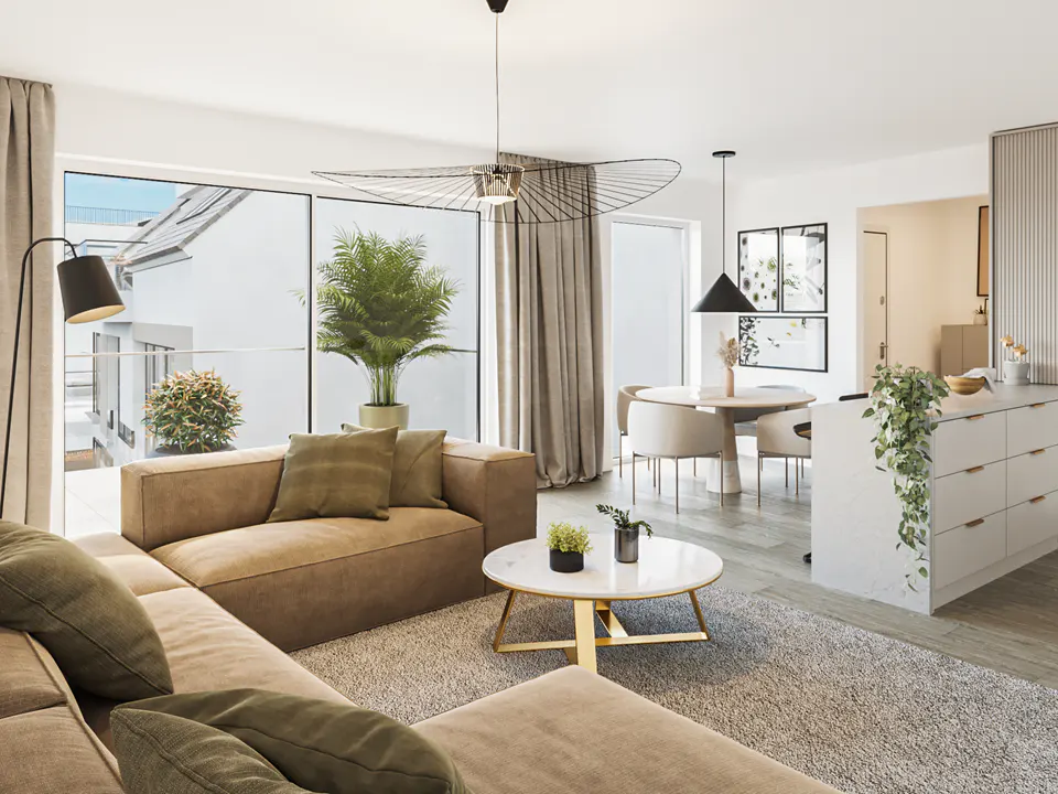 Bright, modern living space with a tan sectional sofa, marble coffee table, and dining area. Large windows offer outdoor views.