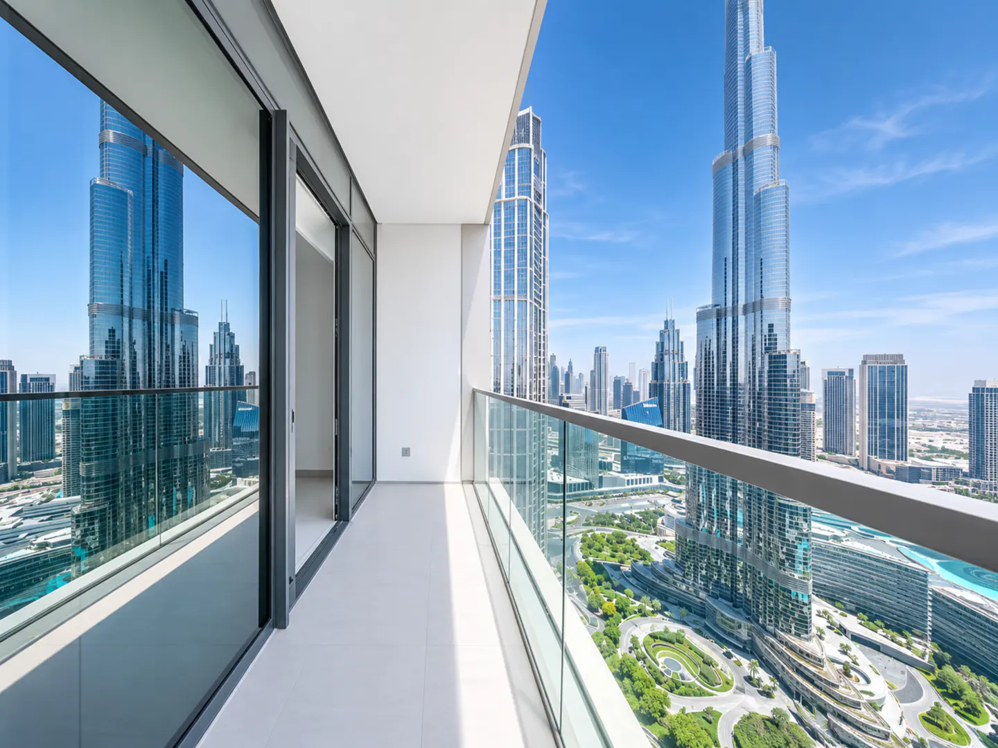 Modern balcony with glass railings overlooking the Burj Khalifa and Dubai skyline under a clear blue sky.