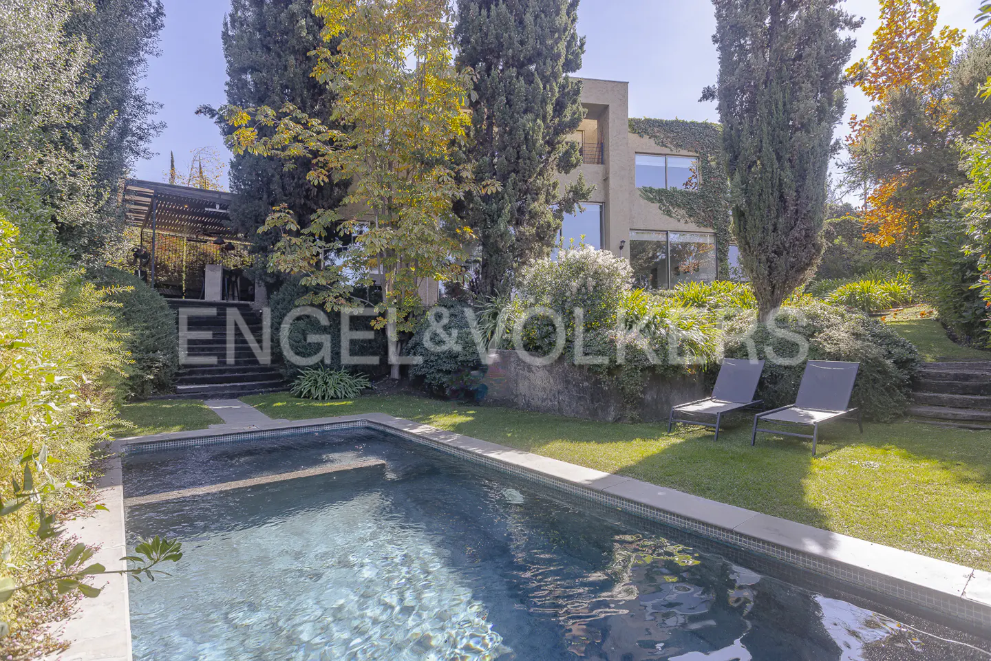 A backyard with a pool, two lounge chairs, and a modern house with green vines in the background.