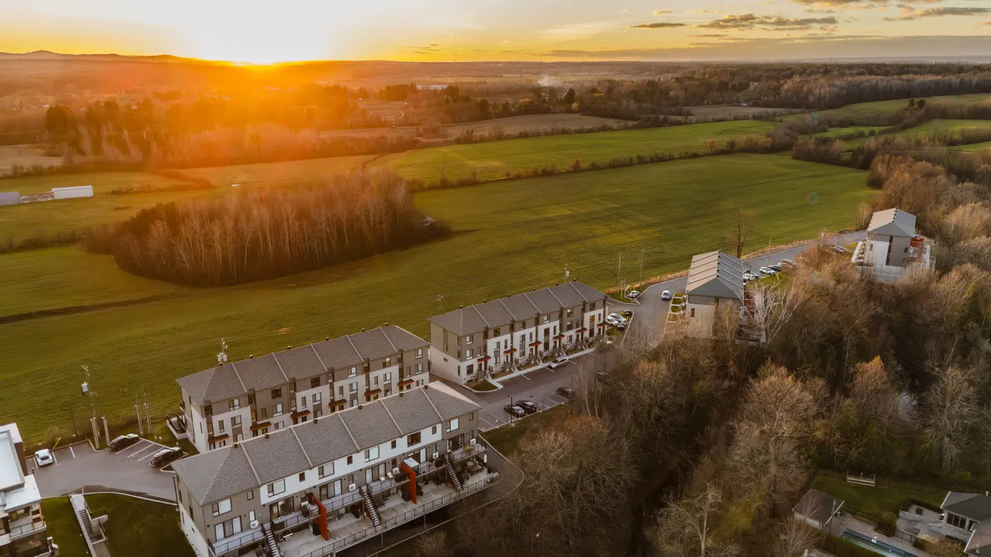 Aerial view of modern townhouses nestled in a green landscape at sunset.