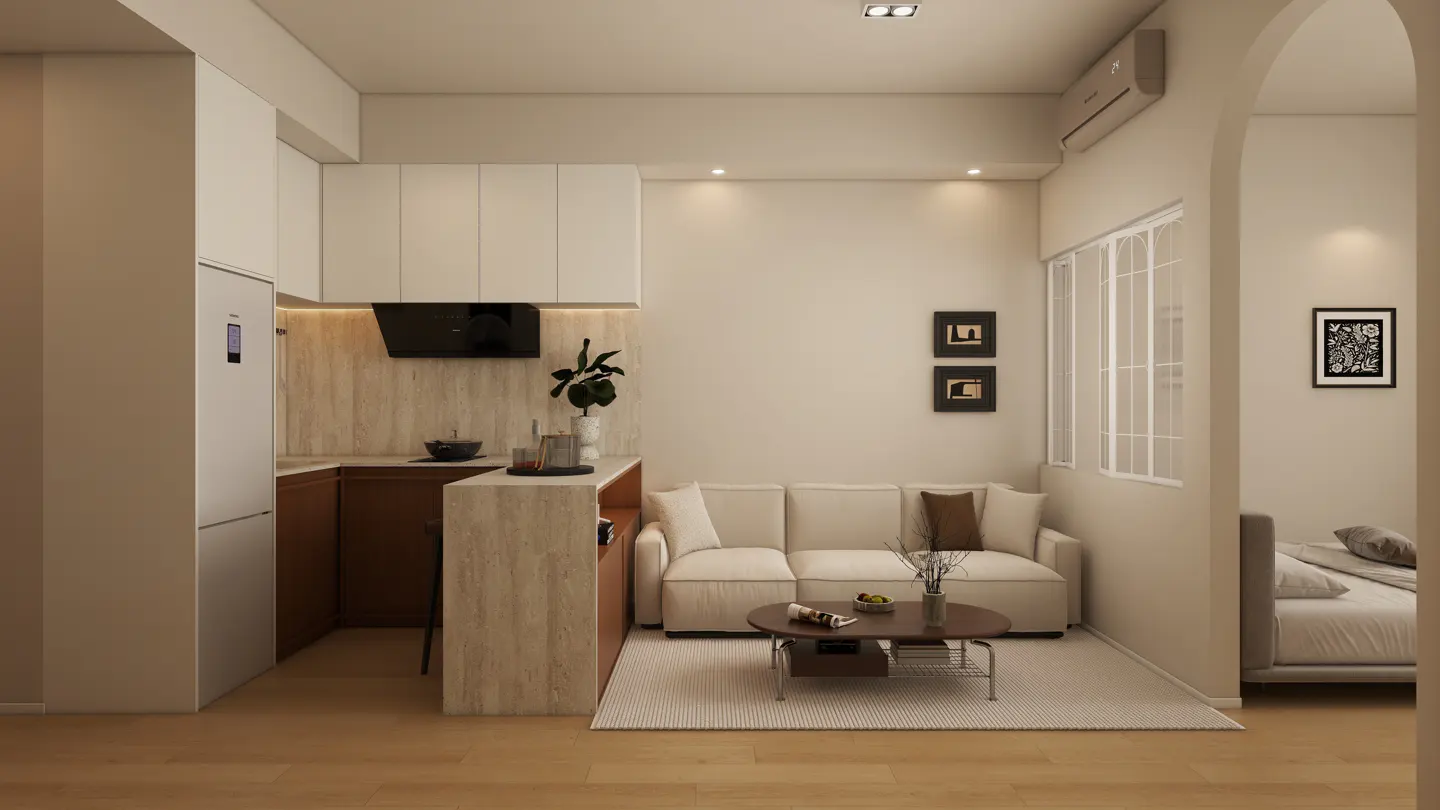 A modern apartment interior with a kitchen, living room, and bedroom visible. The color palette is neutral with white walls and light wood floors.