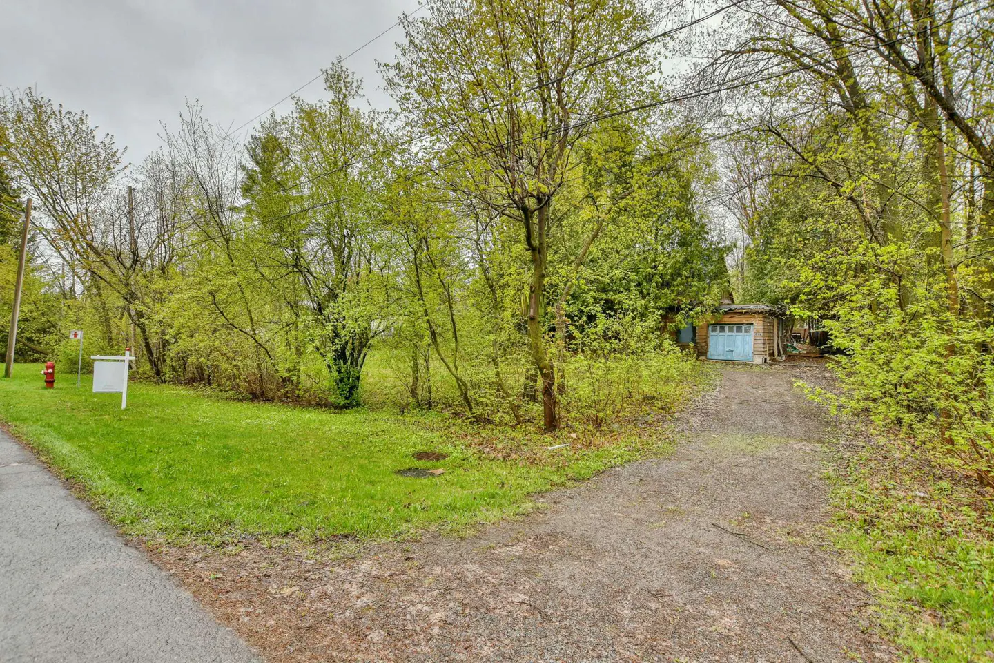 A gravel driveway leads to a small garage with a blue door, surrounded by green trees and grass. A red fire hydrant and a white sign are visible.