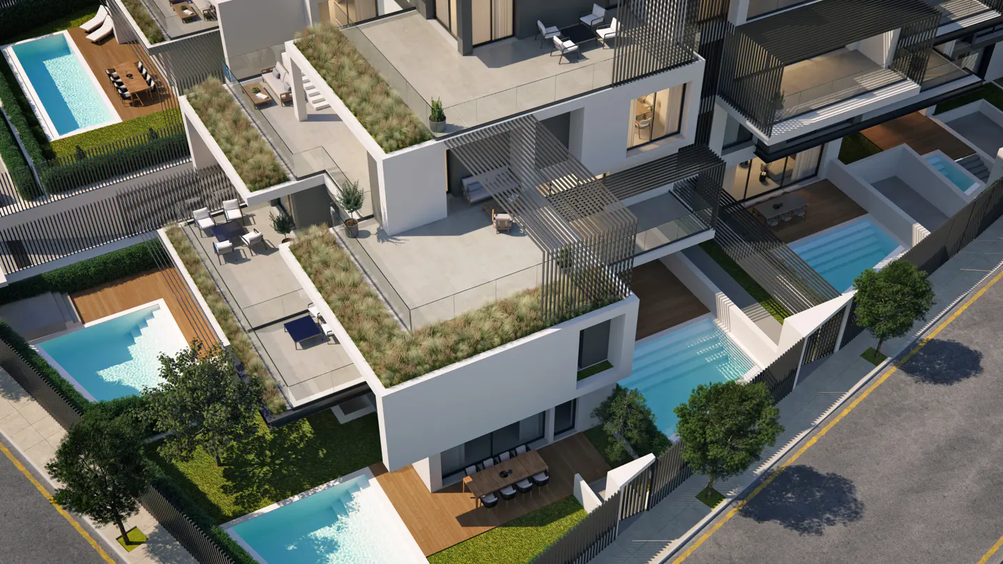 Aerial view of modern white townhouses with pools, patios, and rooftop gardens.