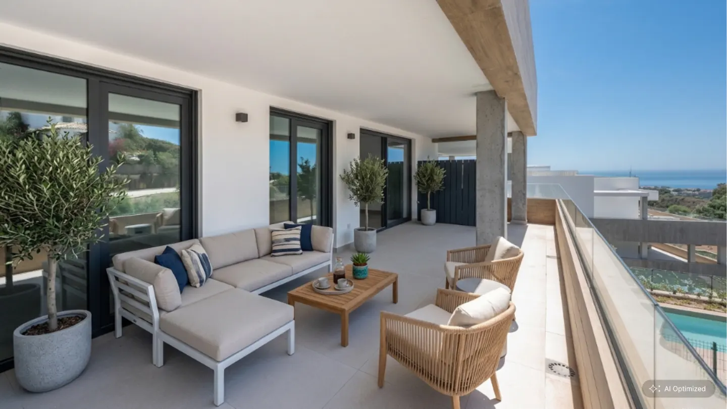 Modern balcony with beige sofa, wicker chairs, and a wooden coffee table. Ocean view in the background.