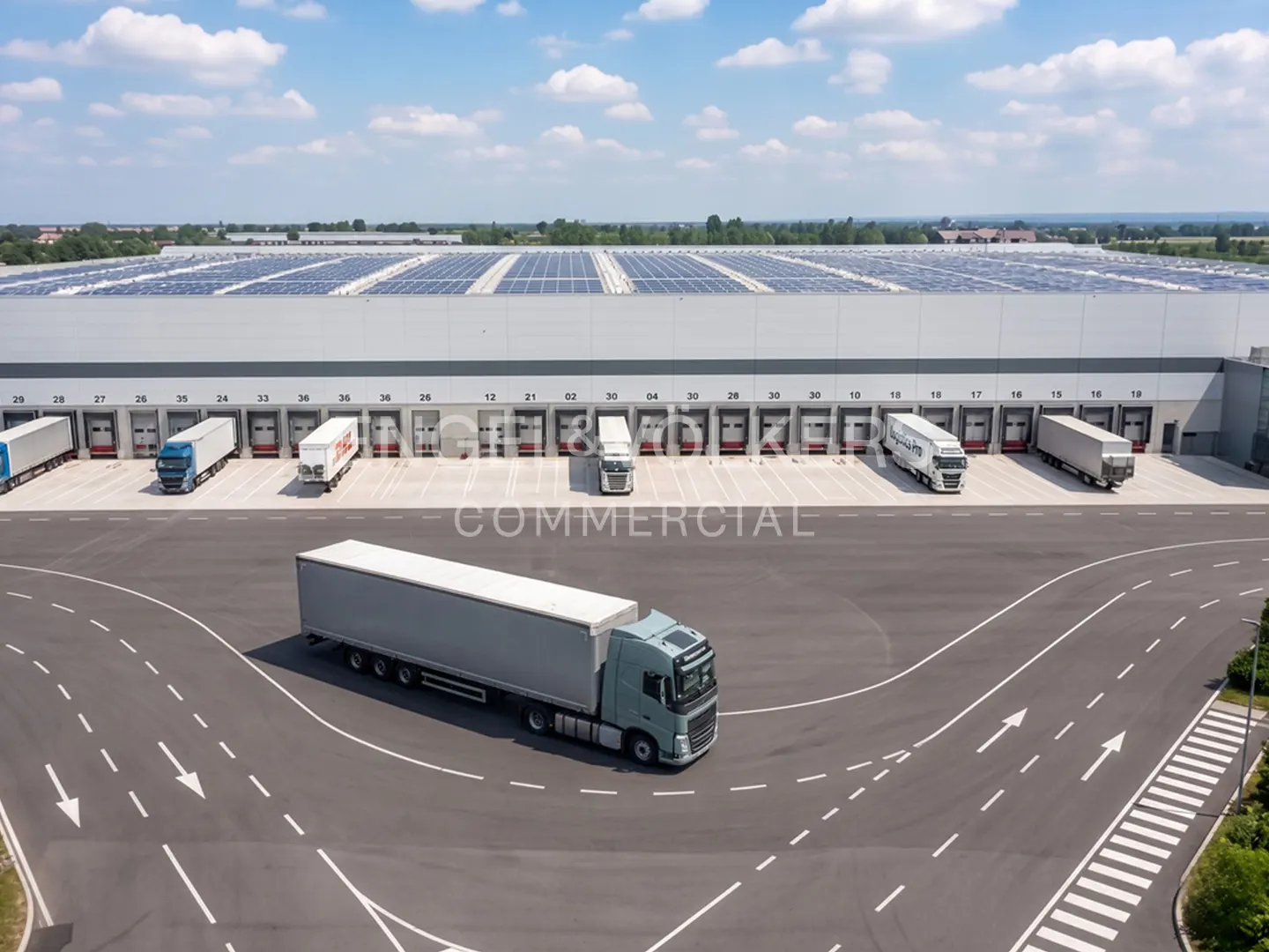 Aerial view of a large, white warehouse with solar panels on the roof, trucks parked at loading docks, and a semi-truck on the road.