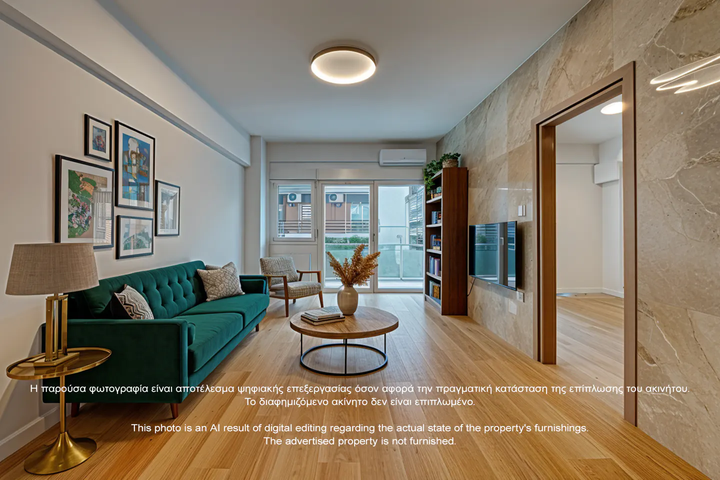 Living room with a green sofa, round wood table, and marble accent wall. Light wood floors and framed art on the wall.