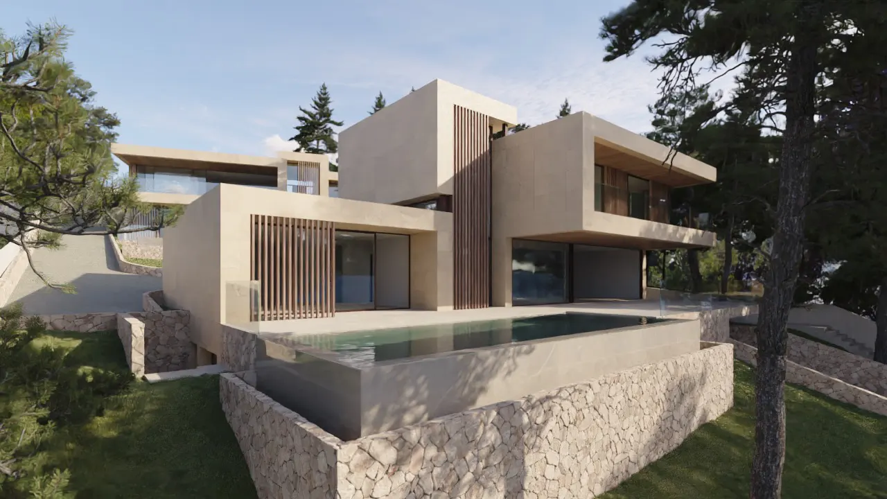 Modern beige house with a pool on a grassy hill, surrounded by trees. The house has large windows and wooden accents.