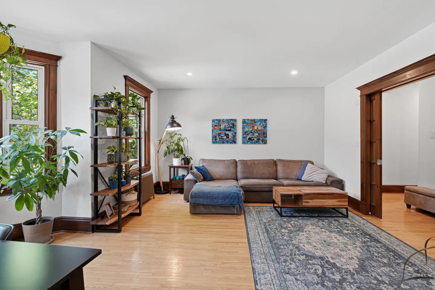 Living room with hardwood floors, brown sectional sofa, wooden coffee table, patterned rug, and a tall plant-filled shelf.