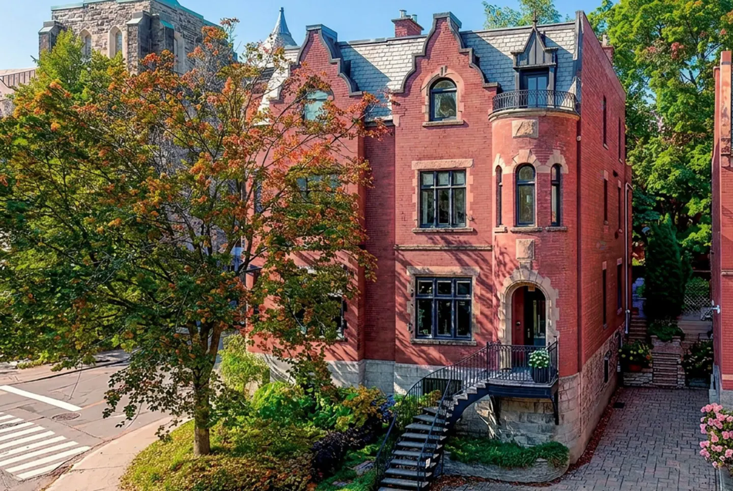 A three-story red brick Victorian home with a stone foundation, arched windows, and a front staircase leading to the entry.