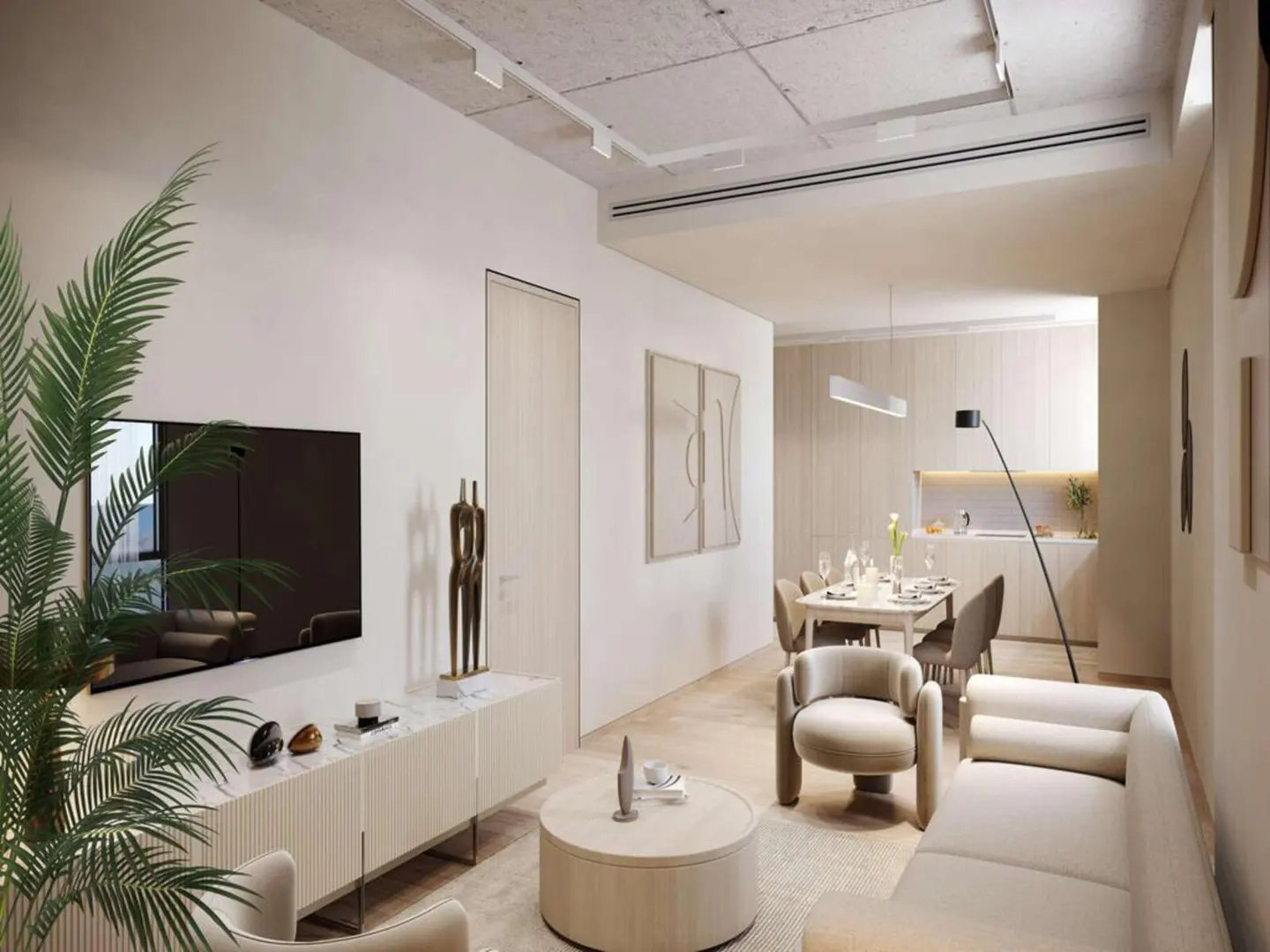 Beige living room with a TV, sofa, chairs, and a dining table set for a meal. A large green plant is on the left.