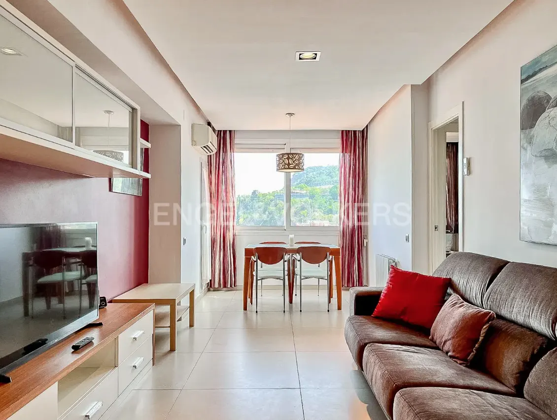 Living room with brown sofa, red pillow, TV, and dining table with chairs near a window with red curtains.