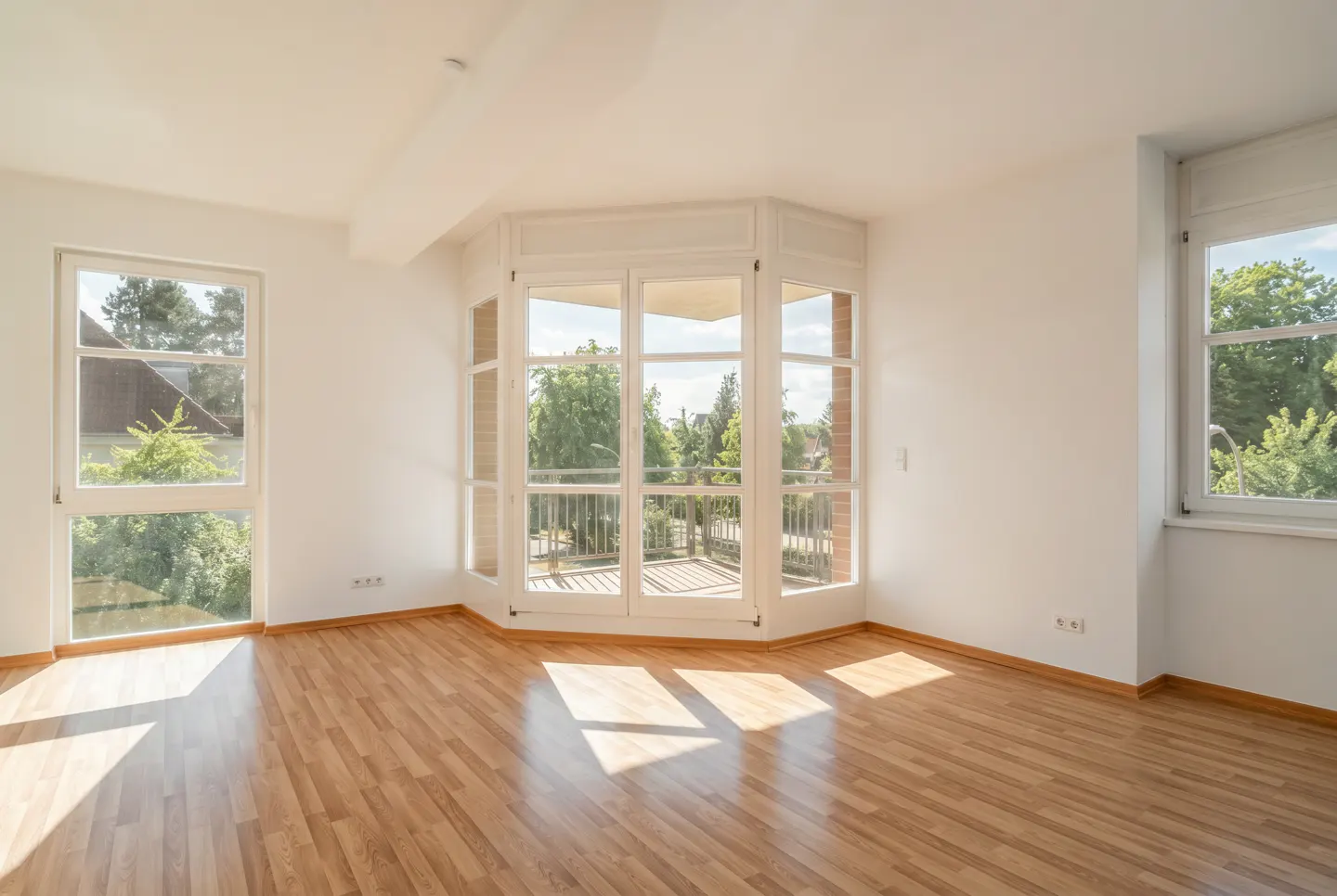 Bright, empty room with wood floors, white walls, and three windows. The center window is a bay window with a balcony. Sunlight streams in.