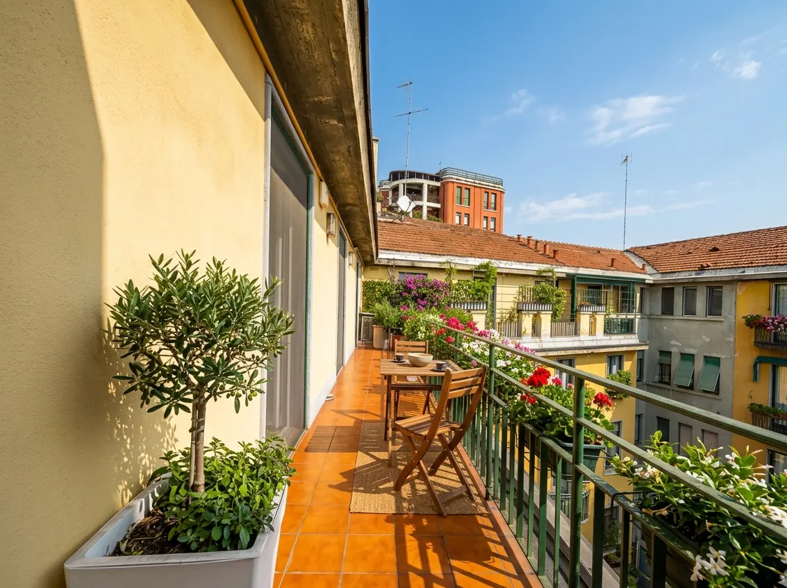 Apartment balcony with orange tile floor, green railing, and potted plants. Table and chairs sit on a small rug. City buildings in background.
