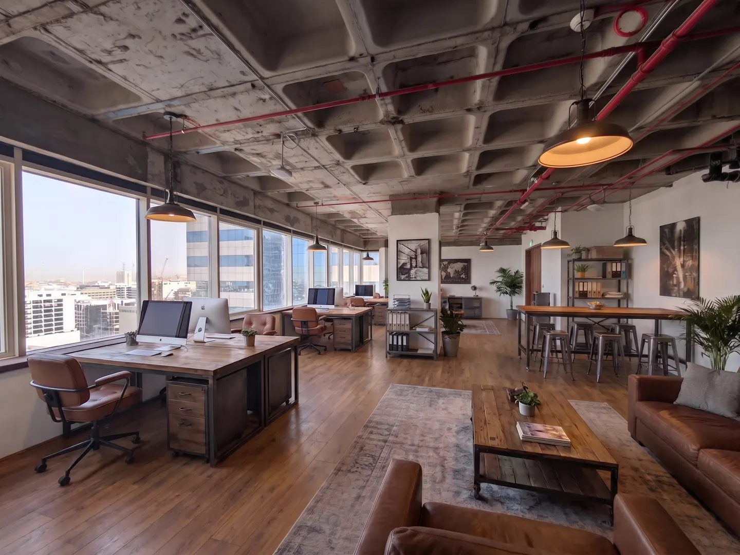 Open office space with wood floors, desks, and leather chairs. Large windows offer a city view. Exposed concrete ceiling with hanging lights.