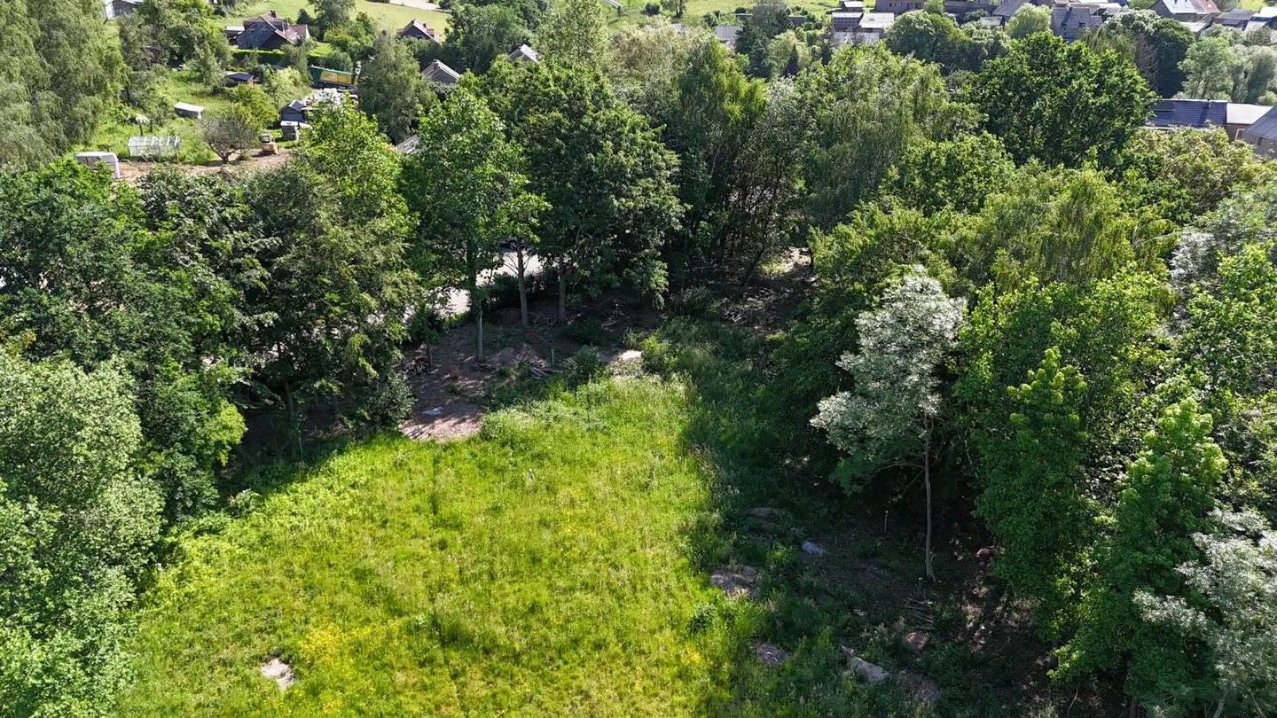Aerial view of a lush green meadow surrounded by dense trees and distant houses in a rural landscape.