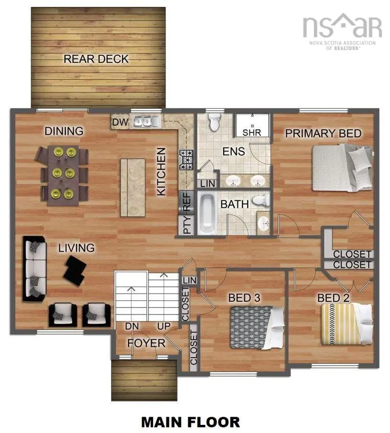 Floor plan of a house's main floor with living, dining, kitchen, three bedrooms, two bathrooms, and a rear deck.