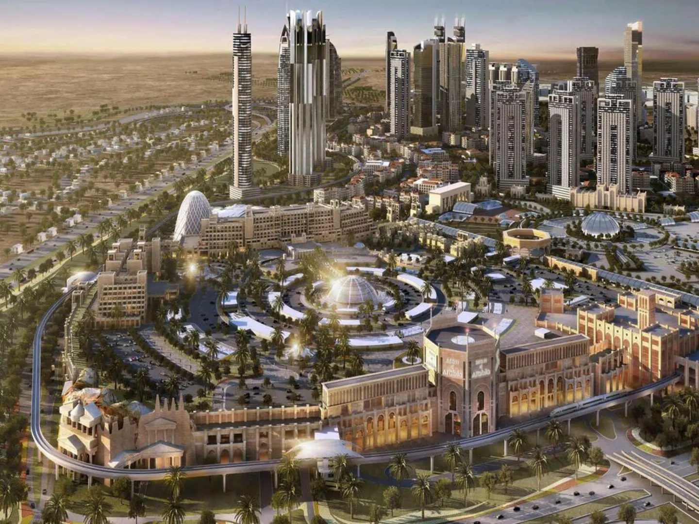 Aerial view of a modern city with tall buildings, resorts, and palm trees in a desert landscape.