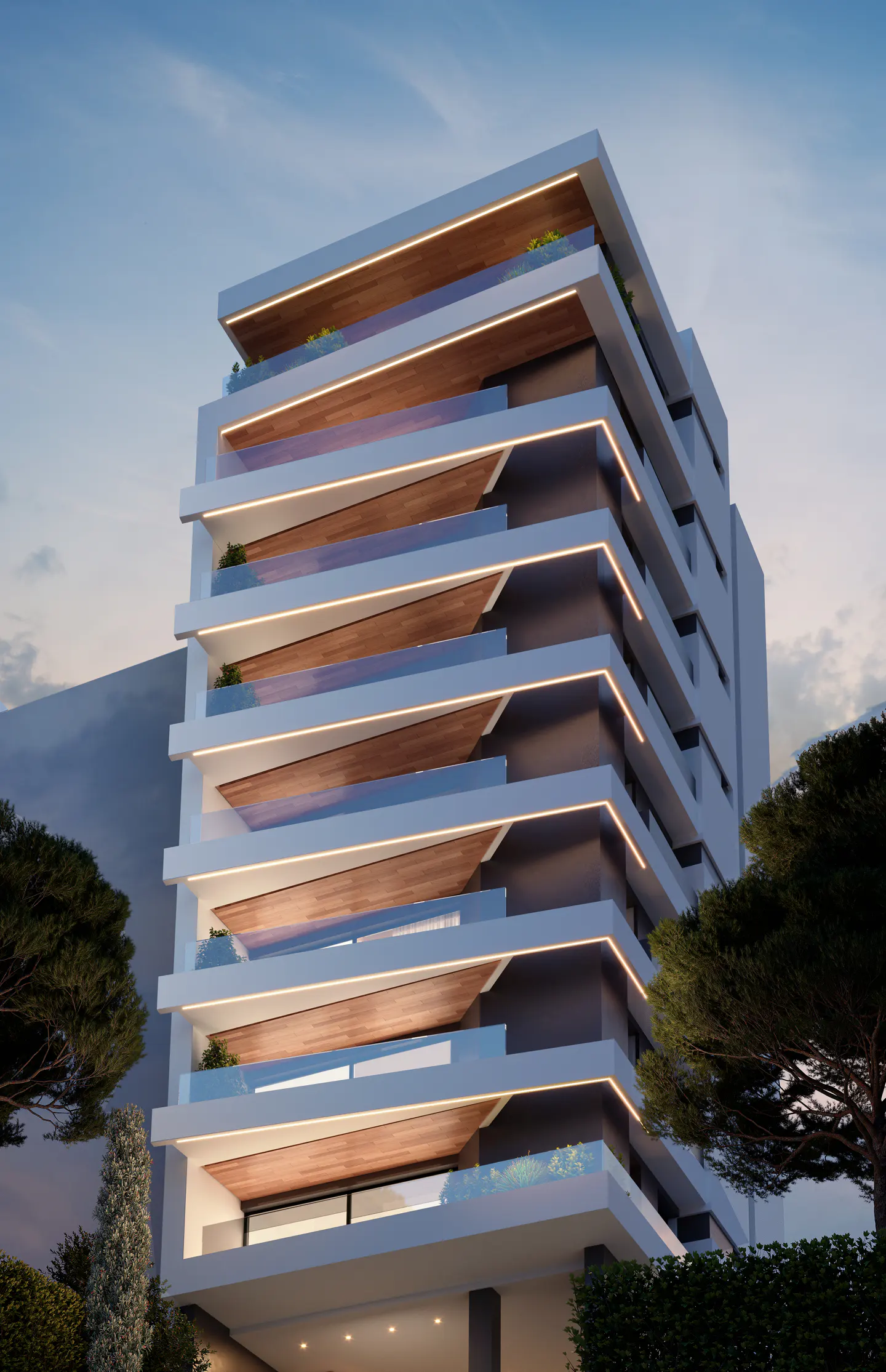Modern white apartment building with wood accents and glass balconies, lit by LED strips, against a dusk sky.