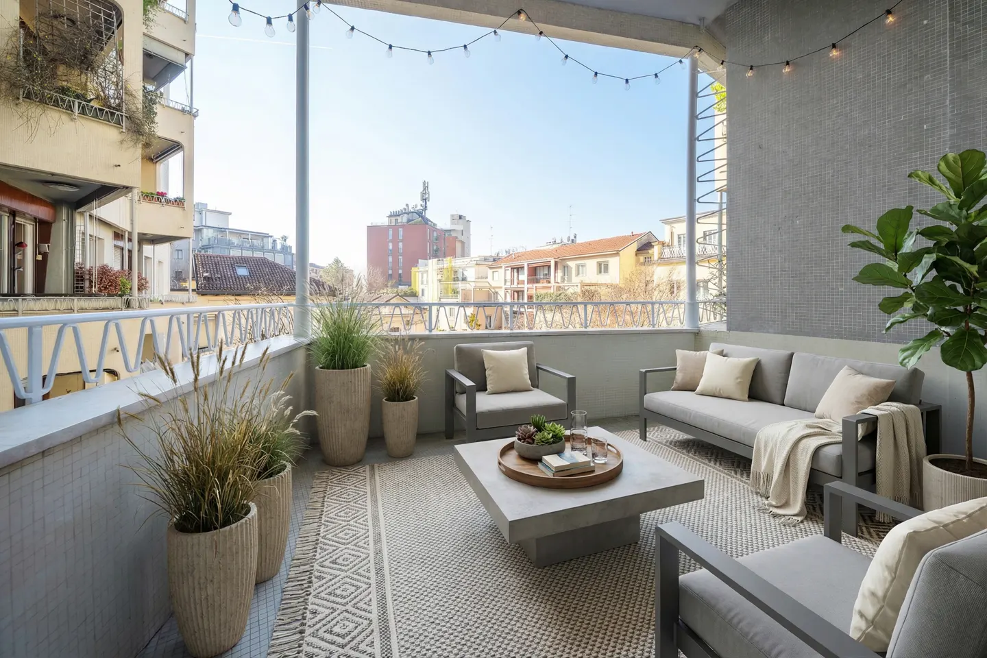 A furnished balcony with a gray sofa, chairs, and a concrete coffee table. Potted plants and string lights add to the outdoor living space.
