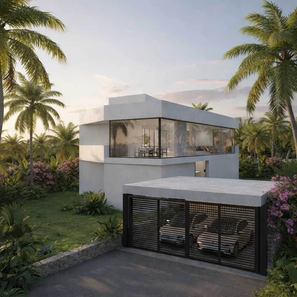 Modern white house with large windows, surrounded by palm trees and lush greenery. Two cars are parked in the garage.
