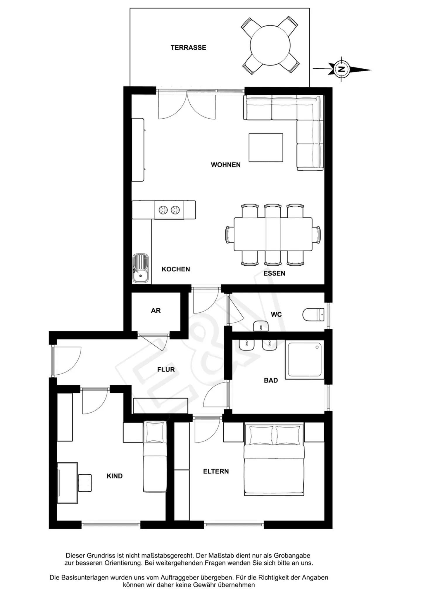 Floor plan in black and white showing a kitchen, living room, dining room, terrace, bathroom, WC, hallway, child's room, and master bedroom.