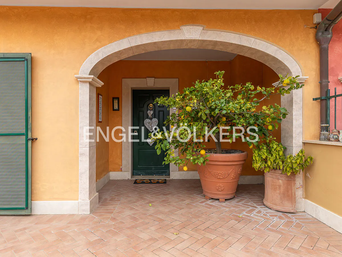 Exterior view of a home entrance with an arched doorway, potted lemon tree, and brick patio. The walls are yellow and the door is dark green.