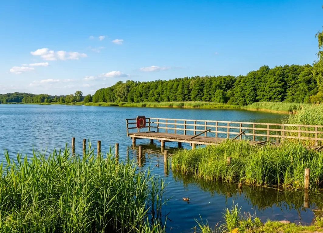 A wooden dock extends into a blue lake, surrounded by green reeds and trees under a clear sky. A red life preserver hangs on the dock.