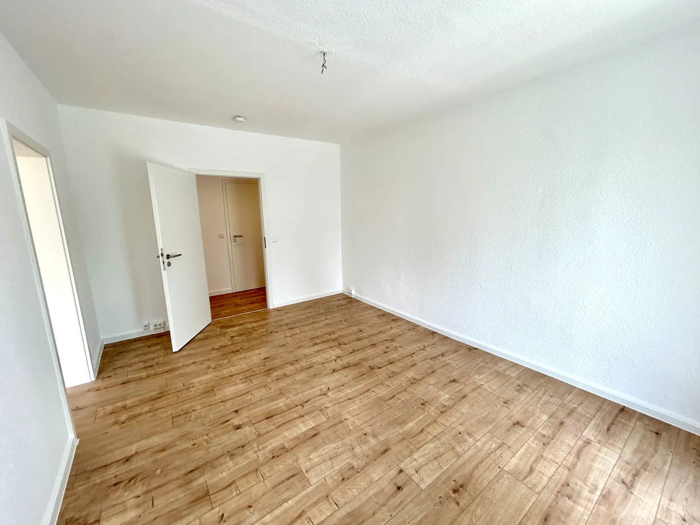 Bright, empty room with wood-look flooring and white walls. An open white door reveals a closet with double doors.