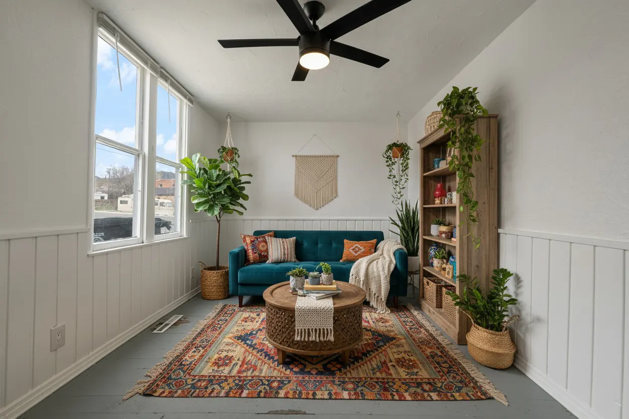 Living room with white walls, a teal sofa, a patterned rug, and a wooden bookshelf filled with plants and decorative items.