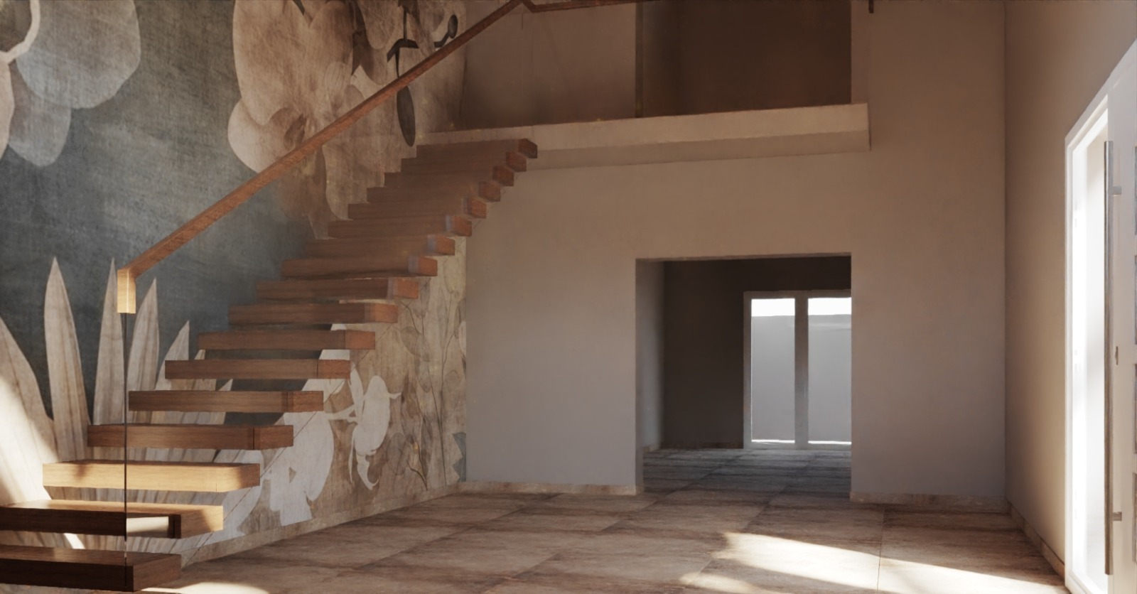 Modern floating wooden staircase against a wall with large floral mural, tile flooring, and an open doorway in the back. [AI-generated text]