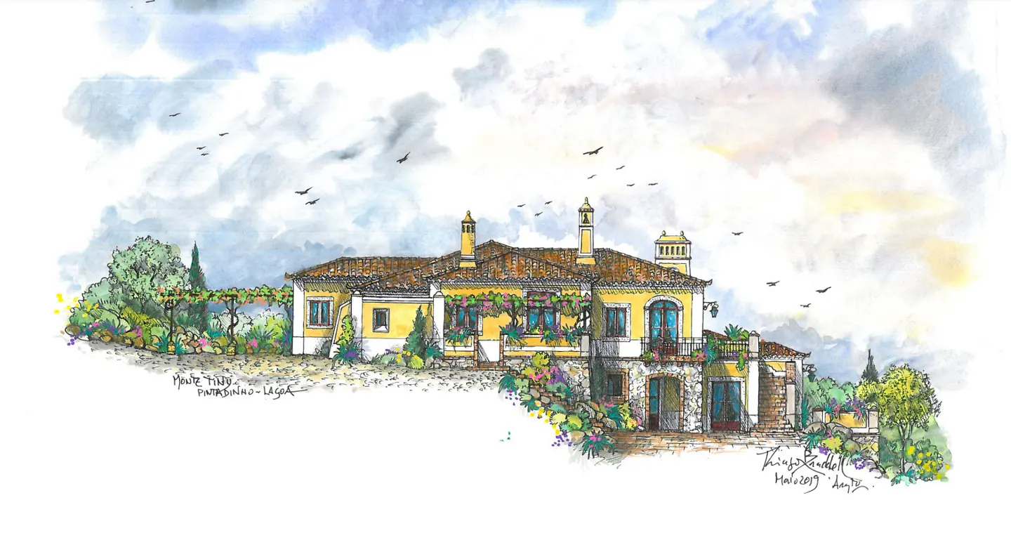 Watercolor illustration of a yellow two-story house with a brown tile roof, chimneys, and a stone facade, surrounded by lush greenery and a cloudy sky.