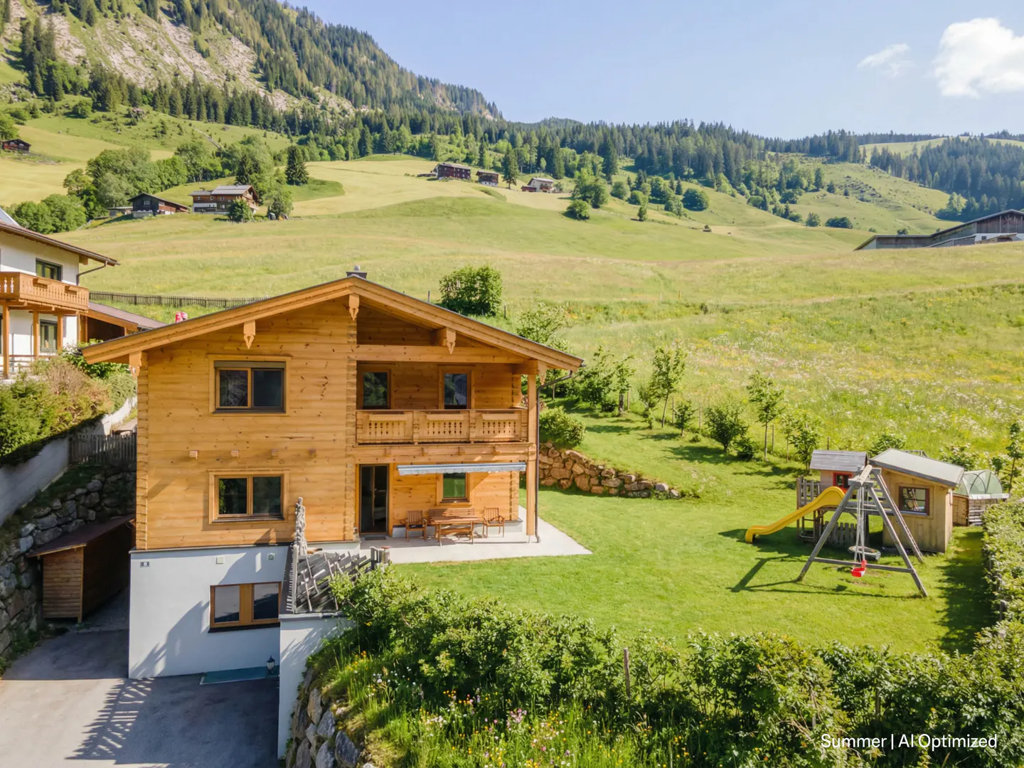 Two-story wooden house with a green lawn, playground, and mountain backdrop.