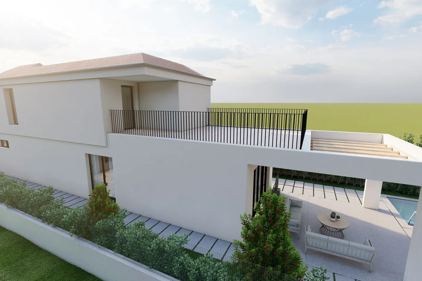 Aerial view of a modern white house with a red tile roof, black balcony railing, patio furniture, and a pool.