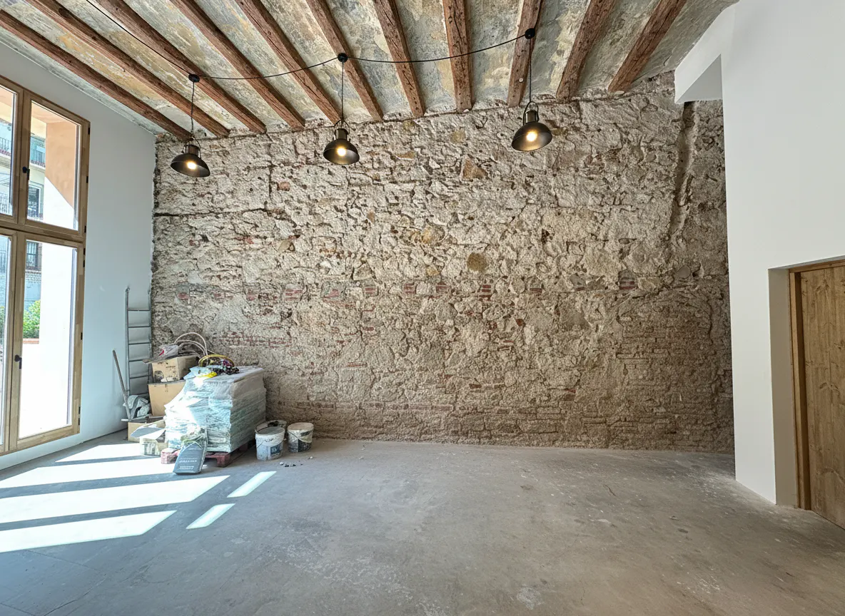 An empty room with a stone wall, wooden ceiling beams, and three hanging lights. Renovation supplies are stacked near a window.
