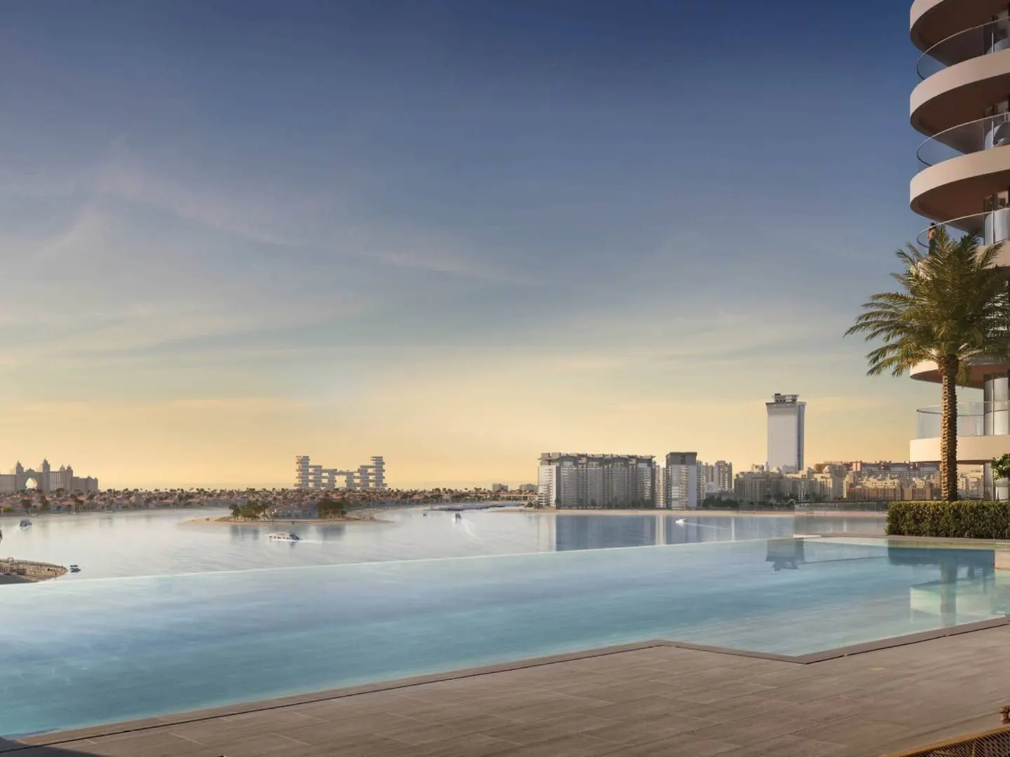 Infinity pool overlooking Dubai skyline. Palm trees frame a modern, curved building. Blue water merges with the sea under a clear sky.