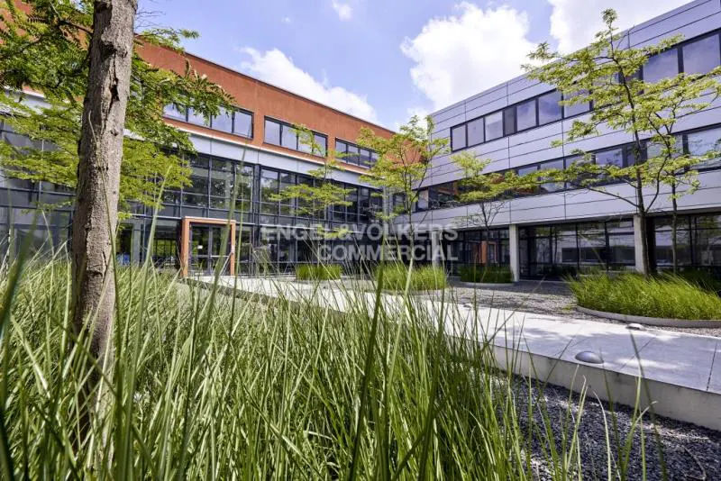 Exterior view of a modern office building with glass windows, trees, and green grass in the foreground.