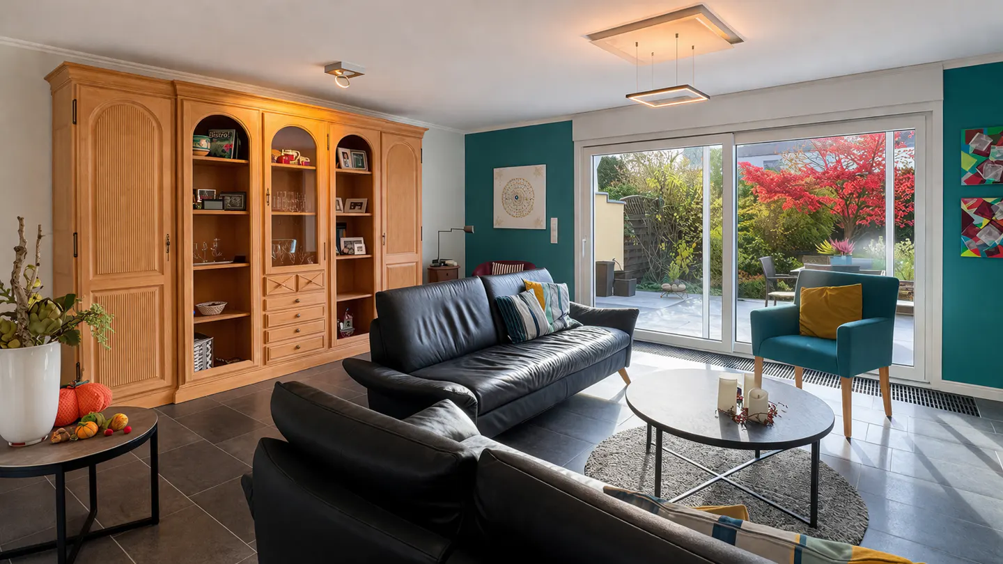 Modern living room with black leather sofas, a teal armchair, large wooden shelving unit, and sliding doors to a garden.
