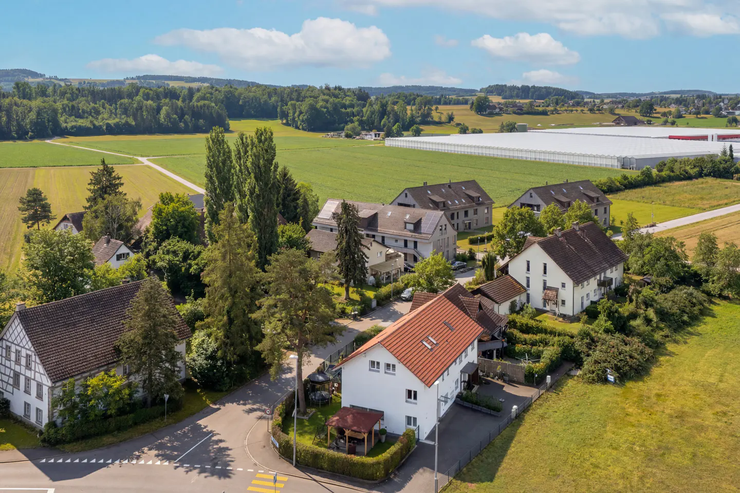 Aerial view of houses with red and brown roofs, surrounded by green fields and trees under a blue sky.