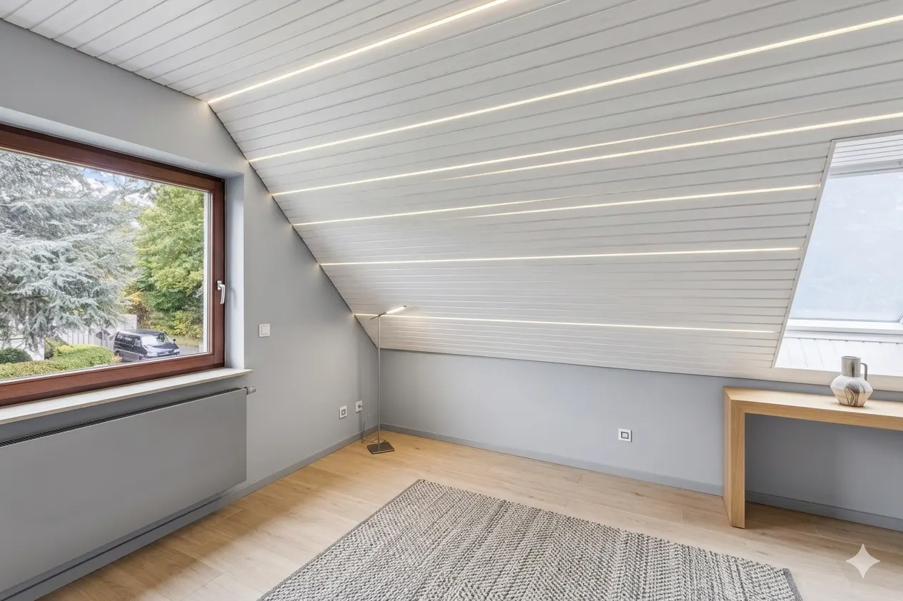 Attic room with gray walls, wood floor, and a gray rug. A window shows trees and a car. The white ceiling has inset lights.