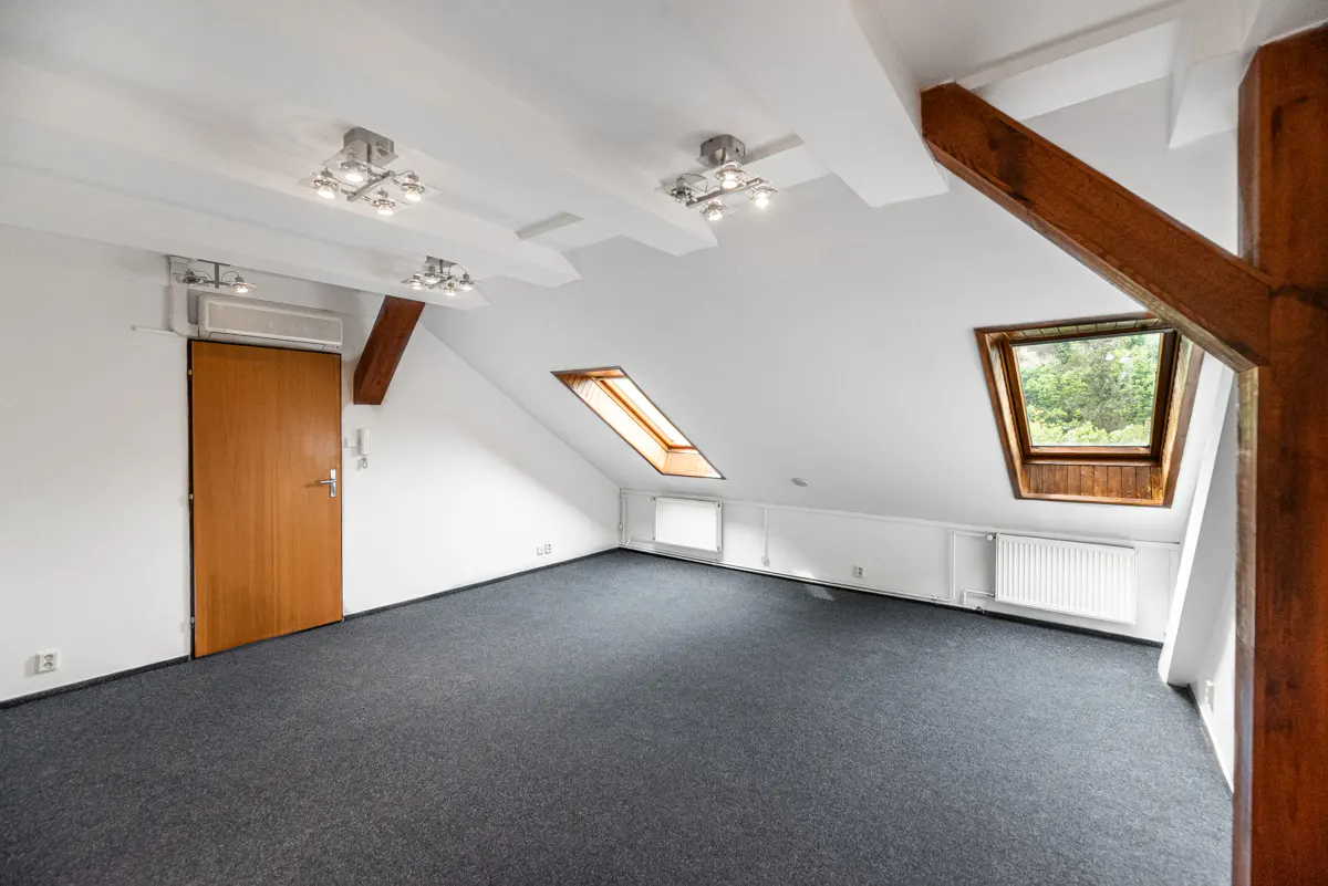 Attic room with gray carpet, white walls, and wooden beams. Skylights and a door are visible.