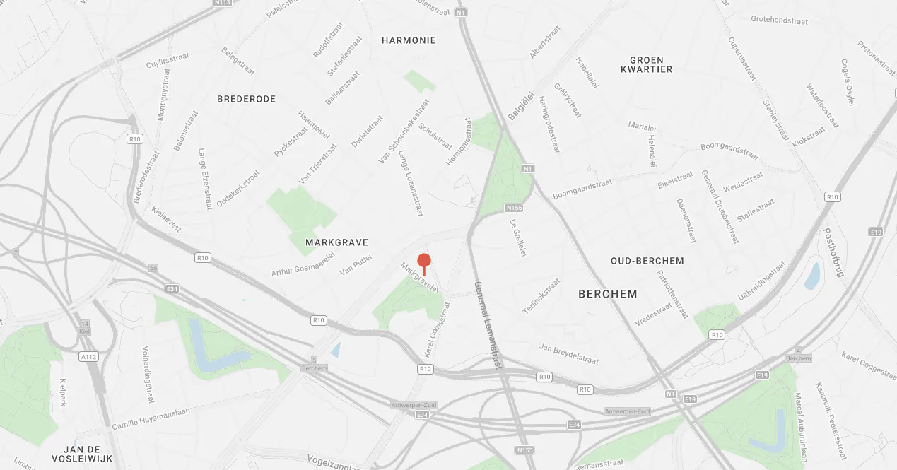 Map view of Markgrave, Belgium, with streets and green spaces. A red pin marks a specific location in the Markgrave neighborhood.