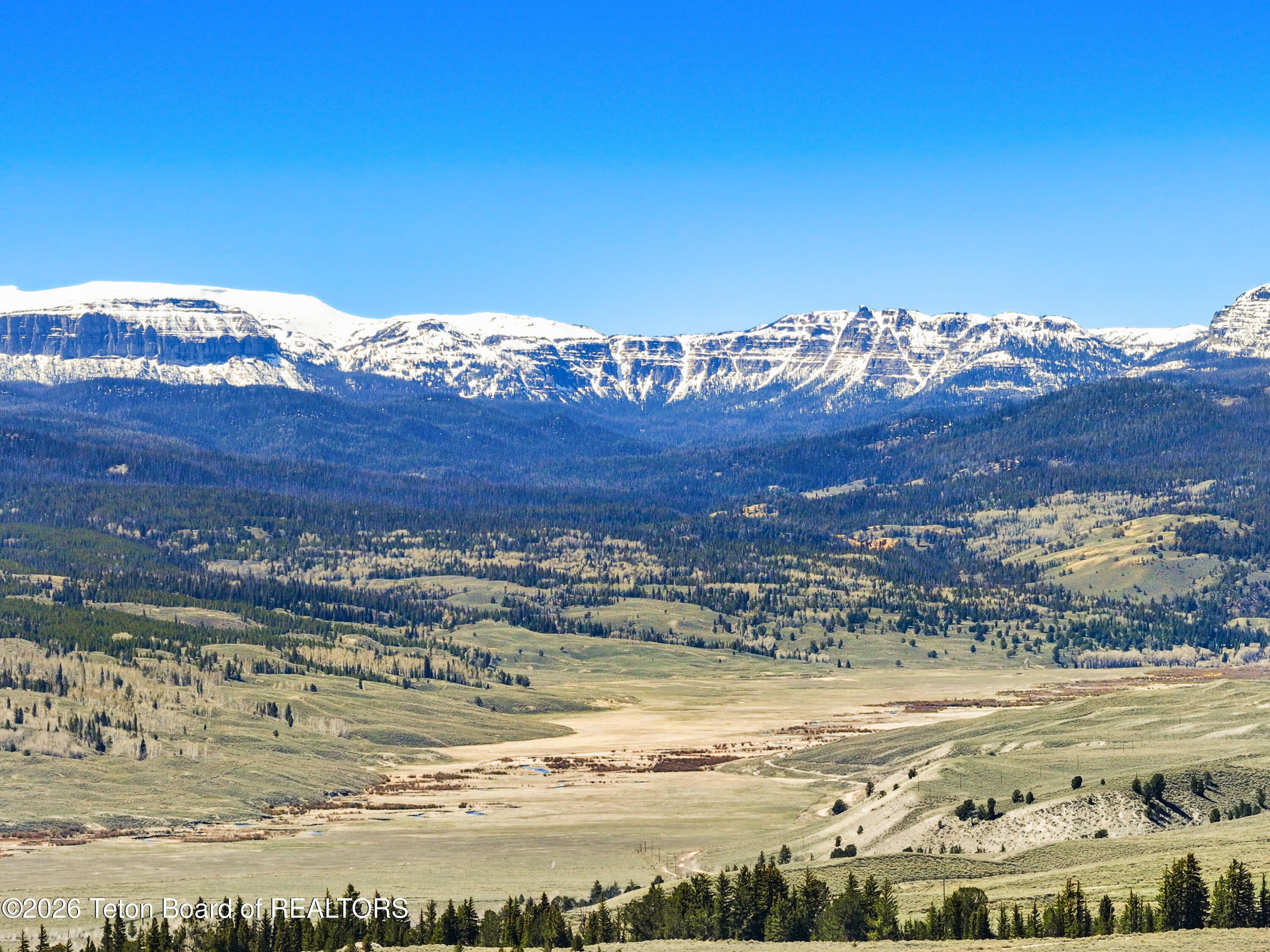 A vast, sunlit valley stretches toward a majestic mountain range with snow-capped peaks under a clear, bright blue sky.