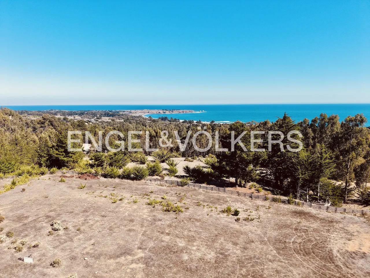 A high-angle view of a large, dry field with trees, a fence, and the ocean in the background under a clear blue sky.
