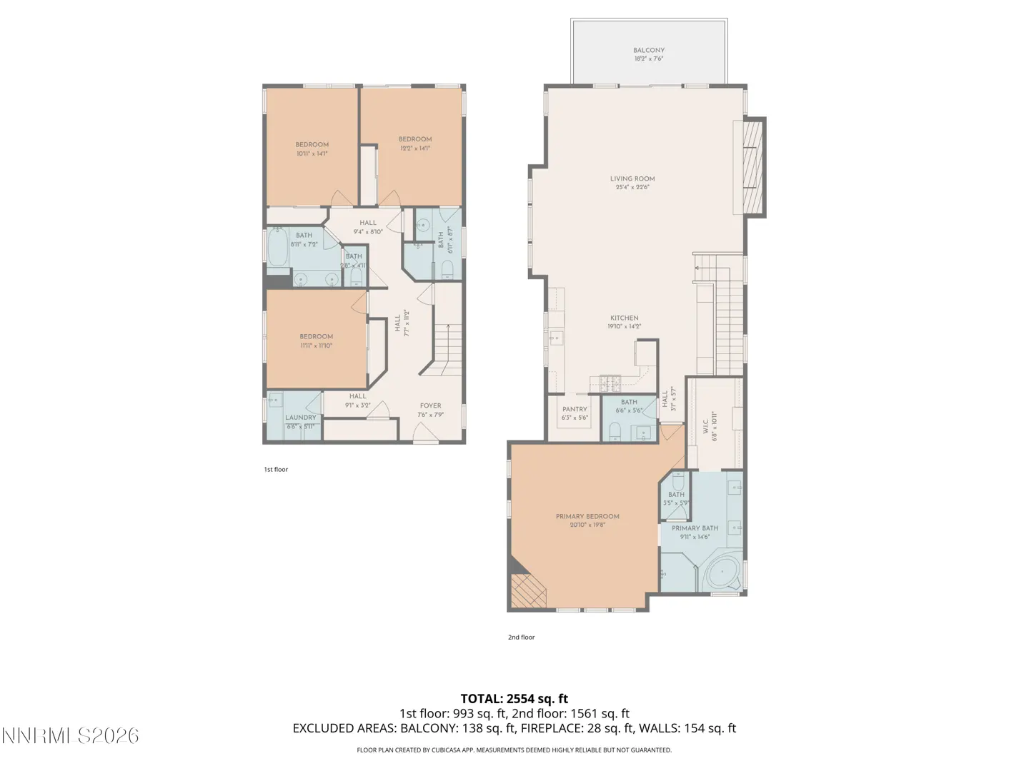 Two-story floor plan with bedrooms, bathrooms, kitchen, living room, and balcony. First floor has three bedrooms and laundry.